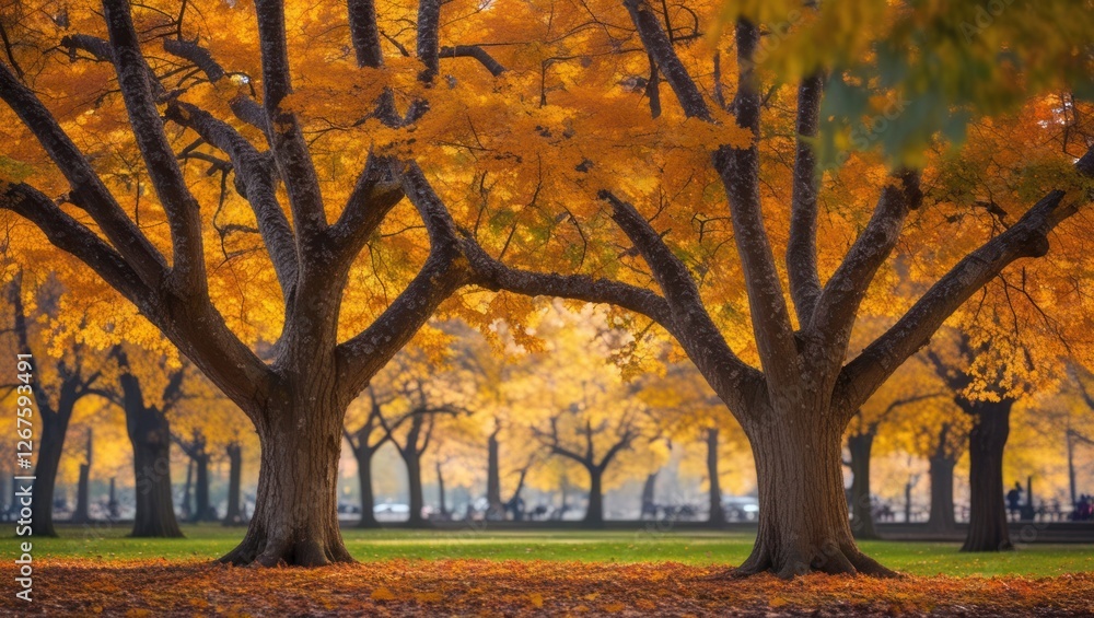Poster autumn scene with vibrant orange and yellow foliage on trees in a park setting with soft focus backg