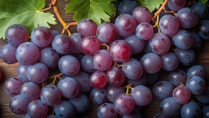 Fototapeta premium Fresh Purple Grapes on Wooden Background with Green Leaves and Space for Text or Advertising