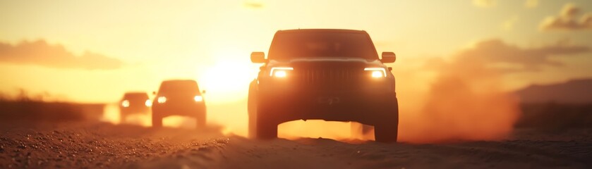A trio of vehicles driving down a dusty road at sunset, capturing the essence of adventure and exploration in the golden hour.