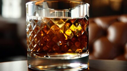 Luxury Whiskey Experience Close Up of Amber Drink in Crystal Glass on Wooden Table Surrounded by Warm Leather Sofa and Inviting Bar Atmosphere