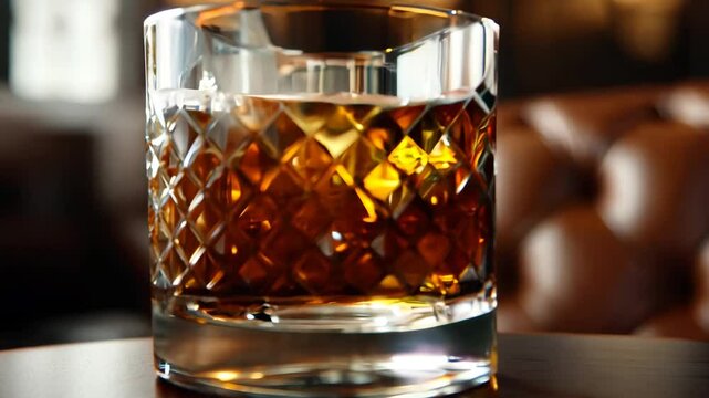 Luxury Whiskey Experience Close Up of Amber Drink in Crystal Glass on Wooden Table Surrounded by Warm Leather Sofa and Inviting Bar Atmosphere