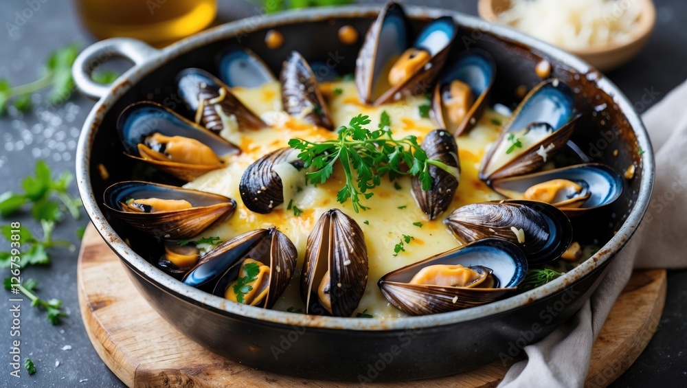Poster baked mussels topped with cheese and parsley in a pan with empty space for text and gourmet presenta