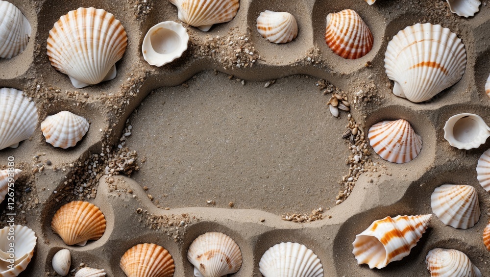 Poster nature background of beach sand surrounded by seashells creating a frame with space for text or grap