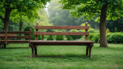 Fototapeta premium Wooden park bench in a lush green garden surrounded by trees with soft natural light and ample space for text