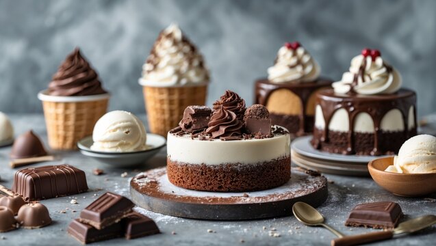 Delicious Assortment of Cakes Ice Cream and Chocolate Sweets Displayed on Table for Baking and Dessert Enthusiasts
