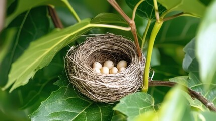 Close up of a hummingbird nest hidden among green leaves, tiny eggs inside, delicate nature in perfect harmony