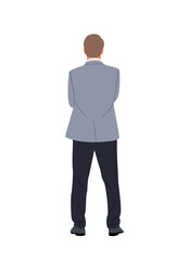 Businessman character standing in confident pose back view. Handsome business man in formal suit with his arms crossed rear view. Vector realistic colorful illustration isolated 