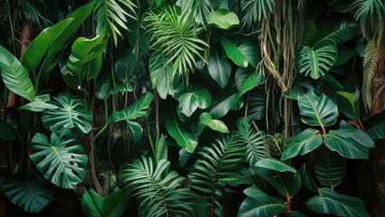 Lush tropical foliage background featuring vibrant green leaves from diverse plant species in a dense forest environment.