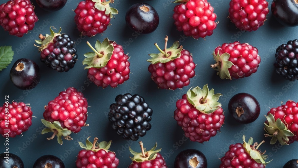Aufkleber fresh assortment of ripe berries on blue background top view with space for text or design elements