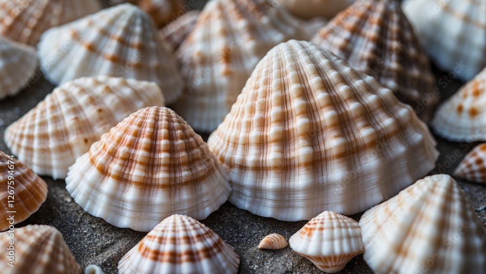 Aufkleber seashells on sand natural coastal background with varied patterns and textures ideal for beach and c