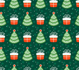 Green Christmas seamless pattern. Christmas tree, gift on green background, New year pattern for wrapping paper, fabric, card