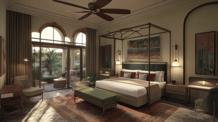 Fototapeta premium A luxury villa suite featuring an elegantly designed bedroom, premium furniture, and a serene atmosphere.