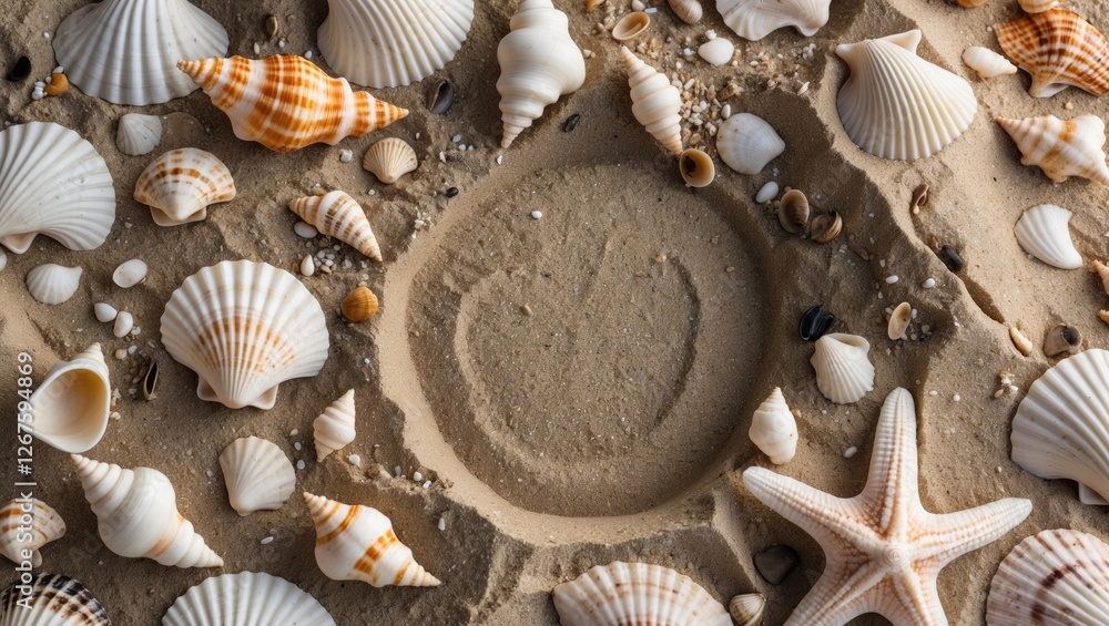 Aufkleber sand and seashells background with heart shape imprint and copy space for summer or beach related te
