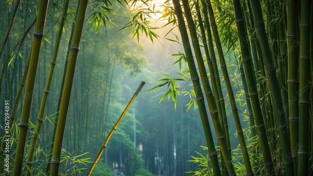 Poster bamboo forest at dawn surrounded by lush greenery and soft light creating a serene atmosphere with s