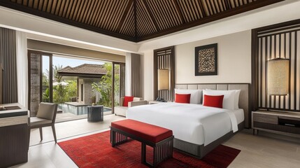 Fototapeta premium A luxury villa suite featuring an elegantly designed bedroom, premium furniture, and a serene atmosphere.