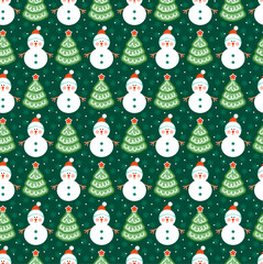 Dark Green Christmas tree and white snowman seamless pattern. New year pattern for wrapping paper, fabric, card