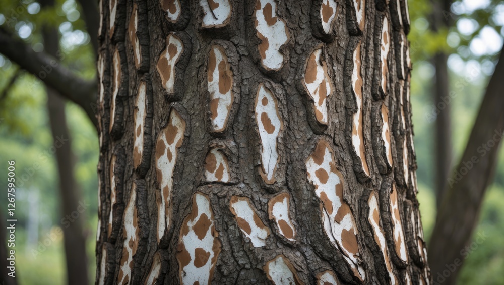 Poster textured bark of a tree showcasing a unique military-style pattern with spotted details in a natural