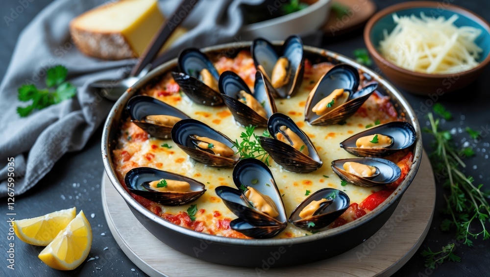 Poster baked mussels with cheese served in a pan garnished with fresh herbs and lemon slices on a dark tabl