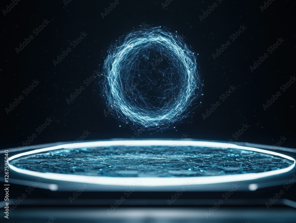 Poster a glowing circular formation emerges above a sleek, illuminated surface, creating a futuristic and e
