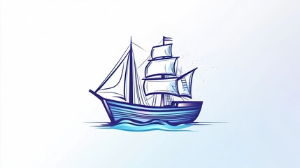 Sailing ship on calm sea, ocean background, nautical design, travel illustration