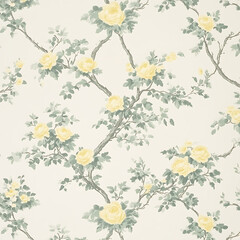 Delicate Yellow Roses Blossoms on Branching Trellis Pattern Botanical Fabric Design Art