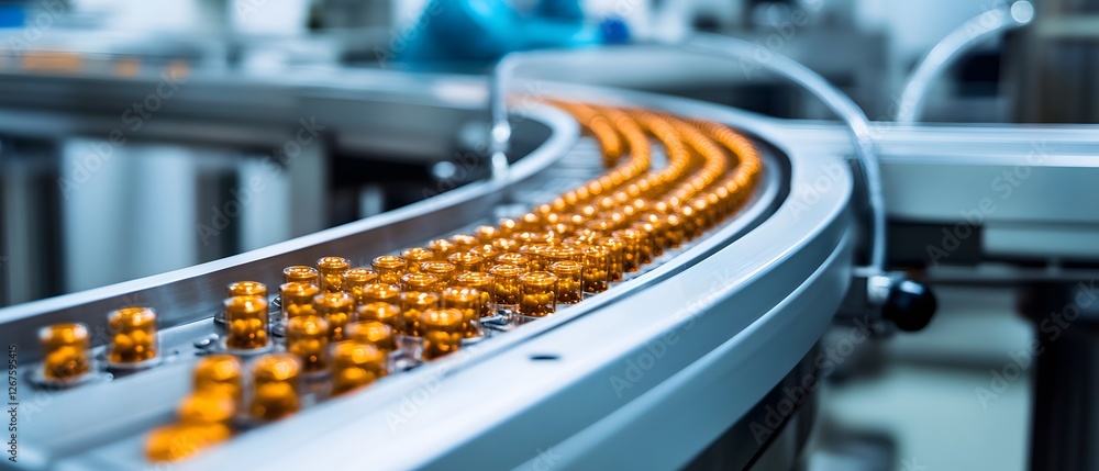 Poster a close-up view of a conveyor belt transporting gold capsules in a modern manufacturing facility. th