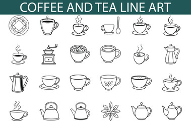 Coffee and Tea Line Art Cups, Pots, and Brewing Icons