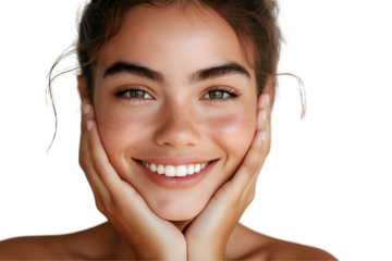 An Aesthetic facial woman with natural makeup and glowing skin posing in a studio