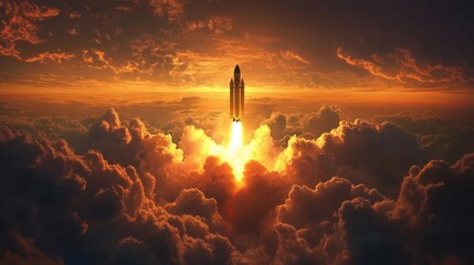 Dramatic Rocket Launch at Sunset Soaring Through Fiery Clouds in a Dynamic Display of Technological Ambition and Skyward Adventure