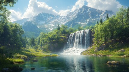 Fototapeta premium Majestic waterfall cascading into a serene mountain lake, surrounded by lush greenery under a sunny sky.