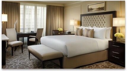 Fototapeta premium A modern and inviting hotel suite with soft textures, warm lighting, and an elegant bedroom design.