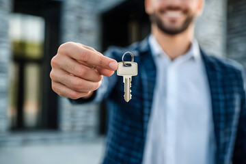 lease, rental and selling home. Real estate agent manager smile holding key for new owner. rent house, Sales, loan credit financial, insurance, Seller, dealer, installment, buy, sell, move in