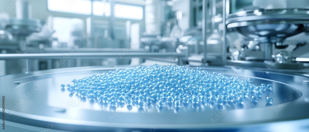 Aufkleber a close-up view of blue pellets on a metallic surface in a laboratory environment, symbolizing preci