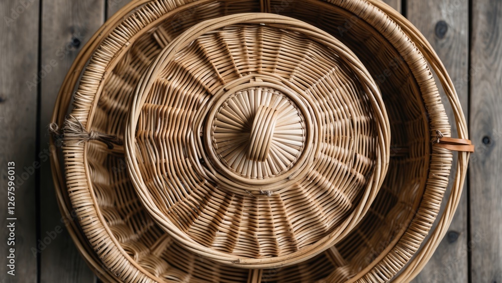 Poster wicker basket set stacked with lid top view on wooden surface decorative storage container
