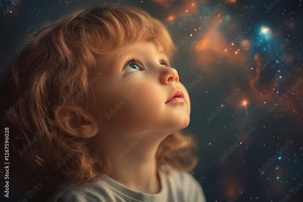 Poster child gazes at a cosmic wonder with awe and curiosity in a dreamy celestial setting