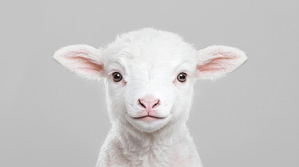 Fototapeta premium Cute white lamb looking directly at the camera against a clean grey studio background.