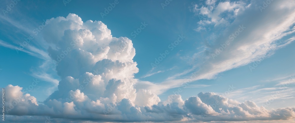 Poster serene blue sky with fluffy white cumulus clouds creating a calm atmosphere ideal for inspirational 