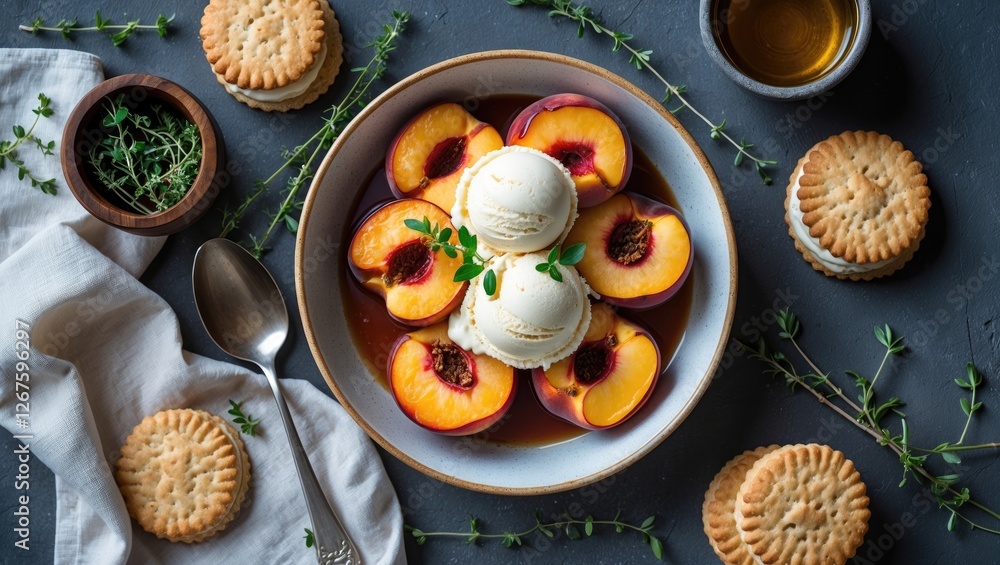 Poster baked peaches with thyme and ice cream surrounded by biscuits on a dark surface with space for text