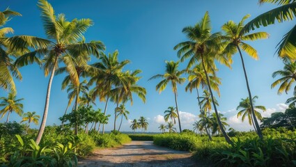 Fototapeta premium Lush Banana Trees Under Bright Blue Sky Surrounded By Greenery Suitable For Text Overlay In Tropical Setting