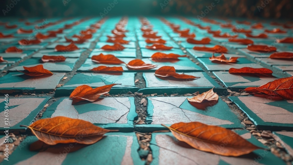 Aufkleber autumn mosaic tiles with fallen leaves creating a serene and natural pattern on the floor