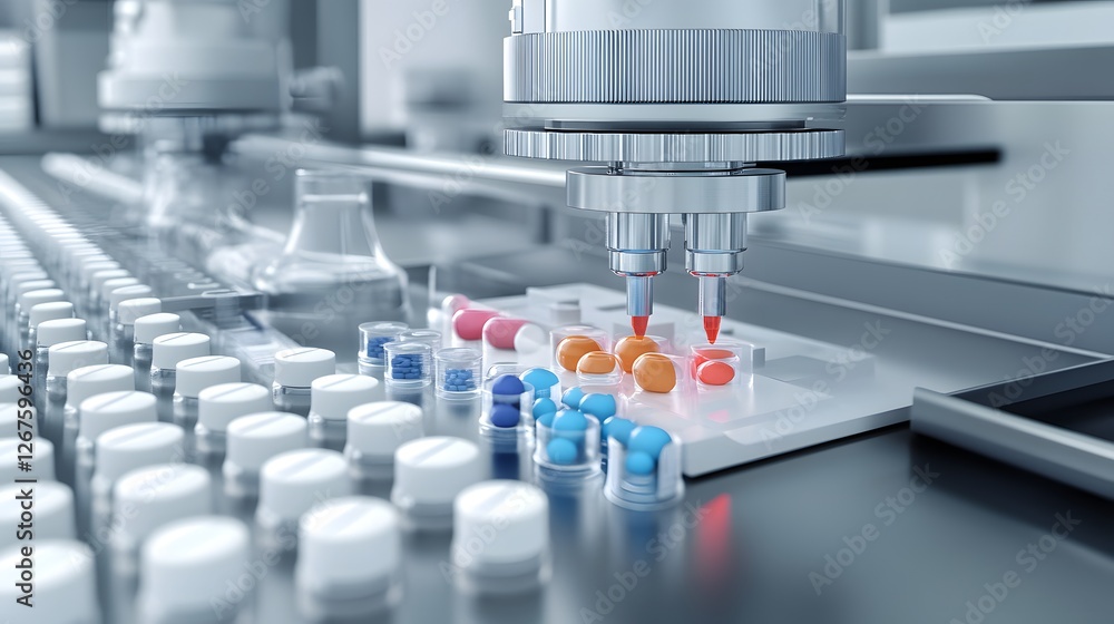 Aufkleber a close-up view of laboratory equipment showcasing automated dispensing of colored liquids into samp