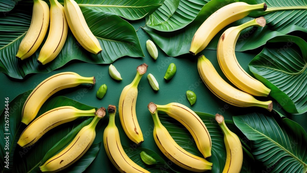 Poster fresh bananas surrounded by green leaves with ample space for text and design elements on a vibrant 