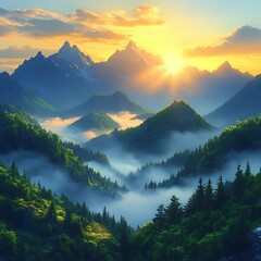 Obraz premium Majestic Sunrise Over Foggy Mountain Peaks and Verdant Forests