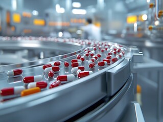 A close-up view of pharmaceutical capsules moving along a conveyor belt in a modern manufacturing facility, showcasing precision and automation in the production process.