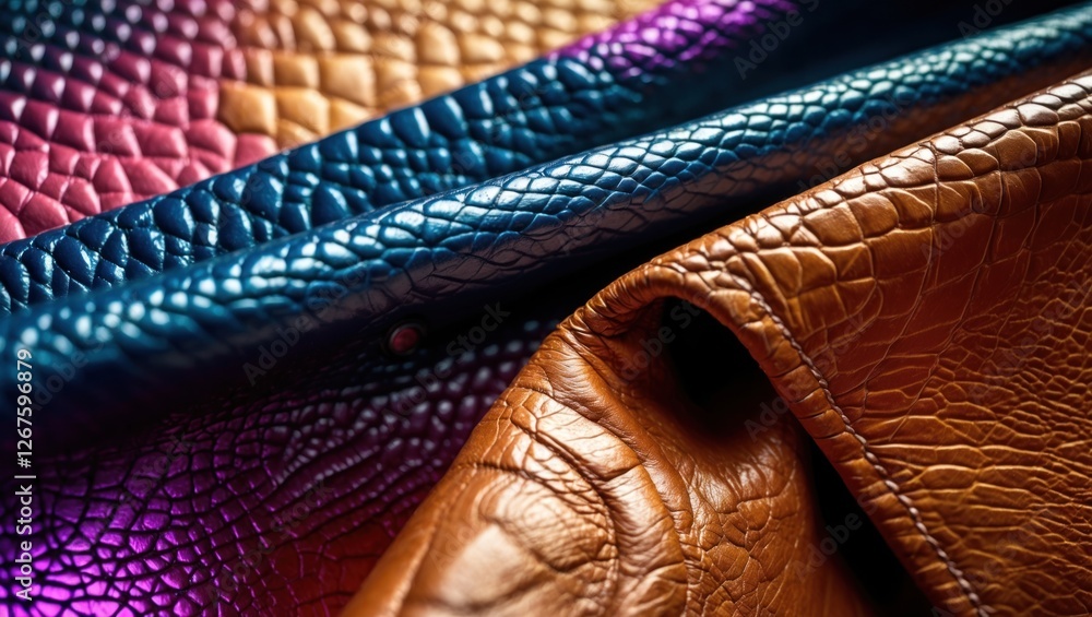Poster colorful textured leather pieces in close-up with a focus on intricate patterns and soft folds, copy