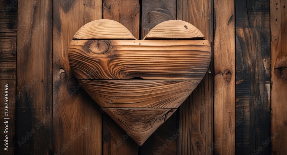 Poster wooden heart shape art on rustic wooden background with copy space for text or design elements.