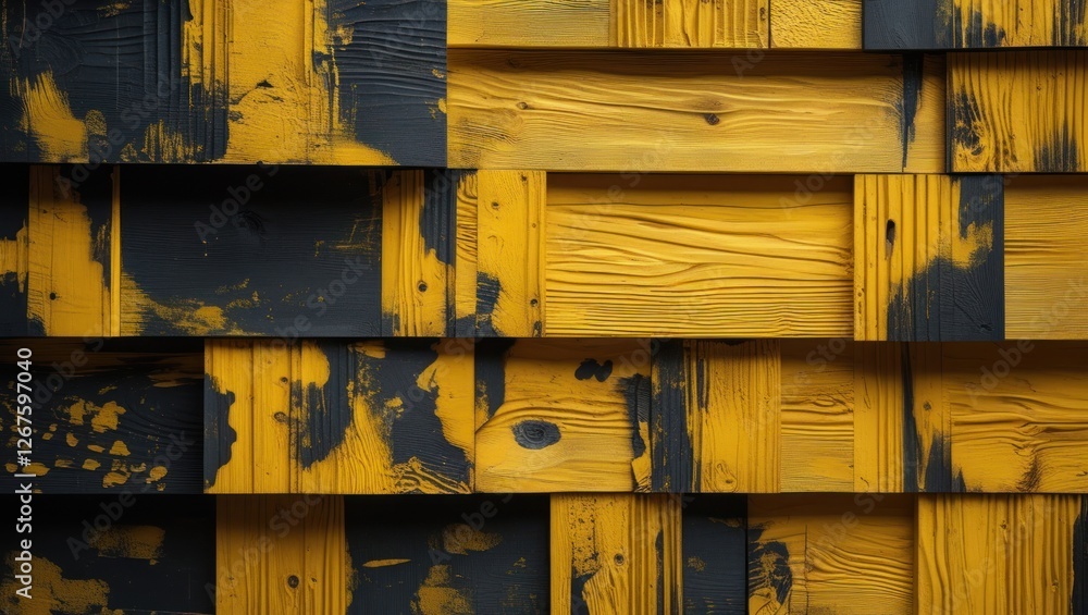 Poster textured wooden wall with yellow and black paint in an abstract pattern with visible grain and copy 