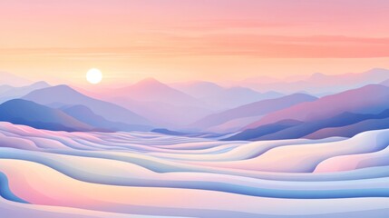 Pastel sunset over a serene, snow-covered mountain range.