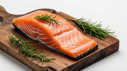 Fresh salmon fillet on a wooden cutting board garnished with rosemary herbs for culinary presentation Copy Space