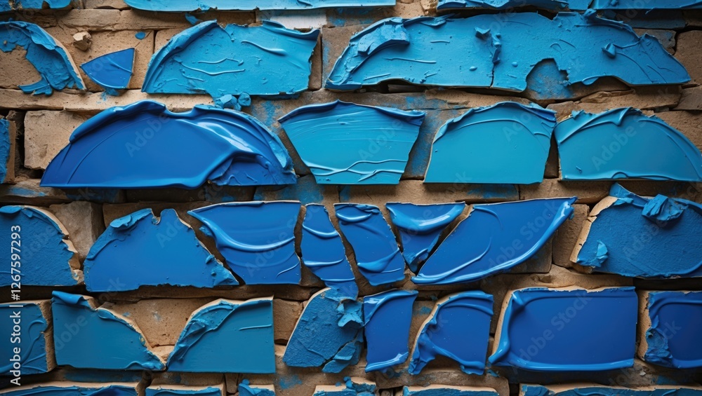 Poster peeling blue paint on a textured wall showcasing an aged and weathered appearance creating an artist